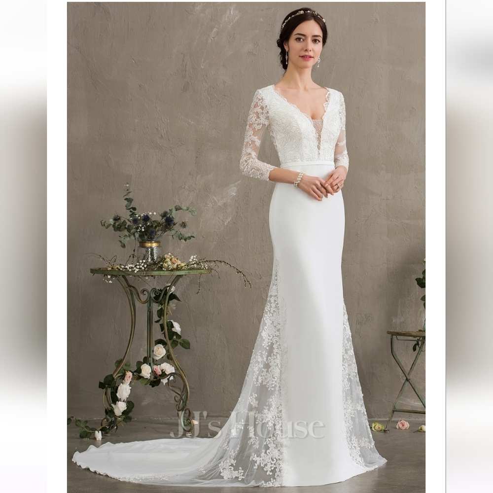 JJs House White Lace Long Sleeve Wedding Dress